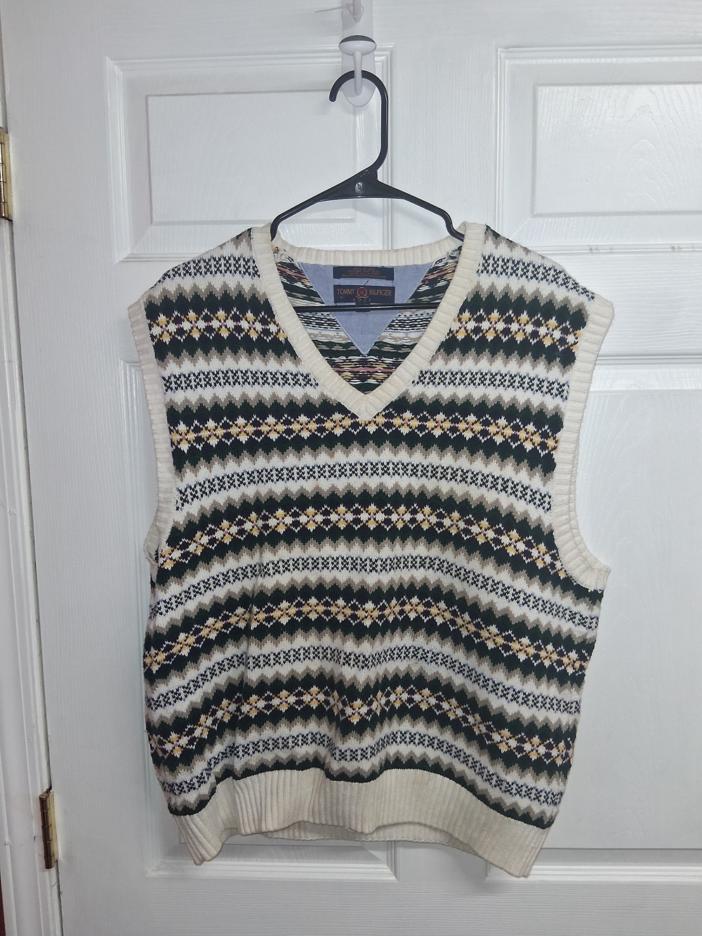 Tommy Hilfiger Golf Cream & Green/Blue Fair Isle V-Neck Sweater Vest Mens XL